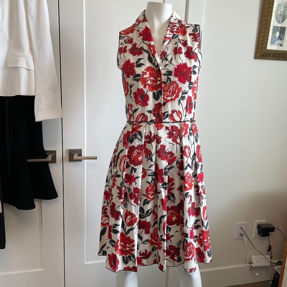 Jil Sander NAVY Designer Fit & Flare Pleated Floral Shirt Dress Ecru Red Sz 34